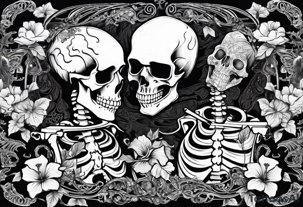 two skeletons. a female skeleton with hibiscus flower listening to a male skeleton play guitar . western style tattoo idea