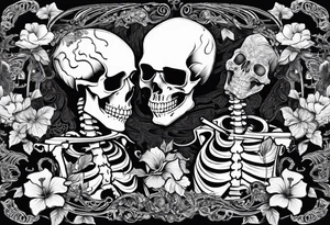 two skeletons. a female skeleton with hibiscus flower listening to a male skeleton play guitar . western style tattoo idea