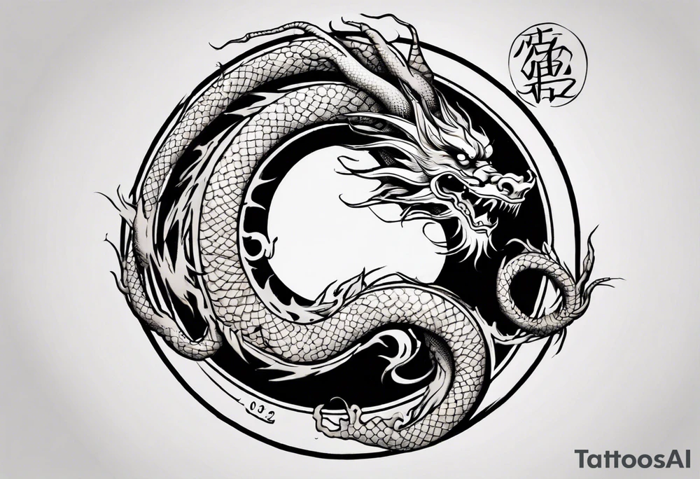 Chinese dragon in a circular shape with "02.03" written on its skin tattoo idea