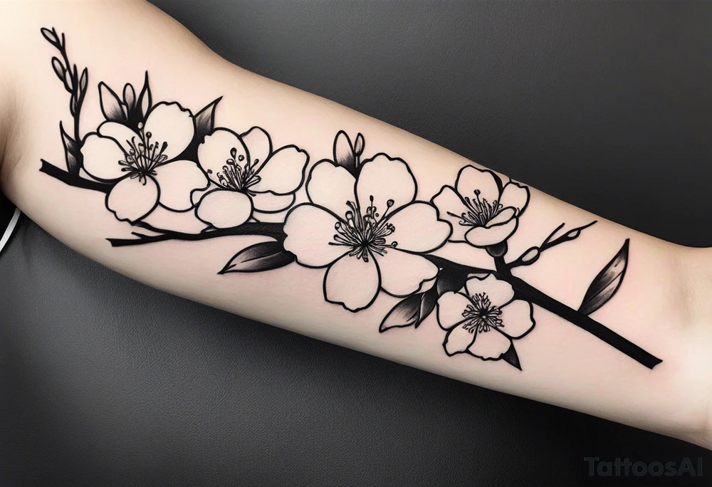 cherry blossom branch going from shoulder to wrist, wrap around bicep, make it LONG, at the end let it blossom and also let it blossom at the 2-3/7 part tattoo idea