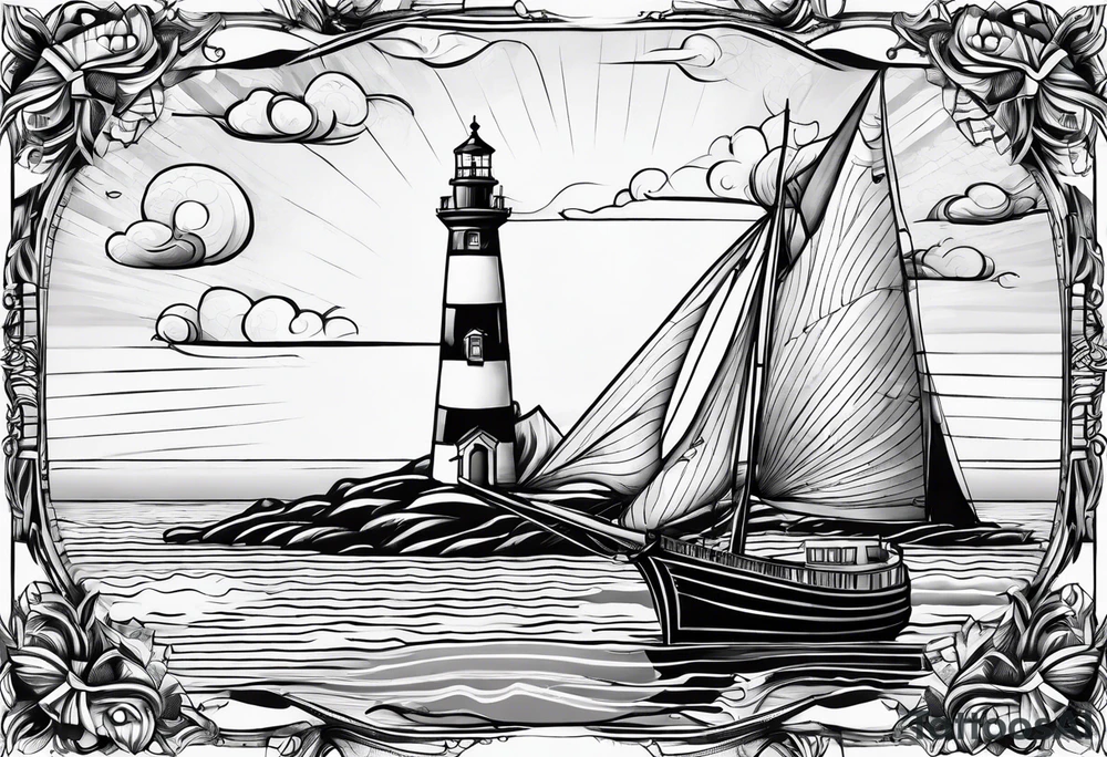 front bow sails with lighthouse on board tattoo idea