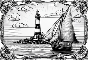 front bow sails with lighthouse on board tattoo idea