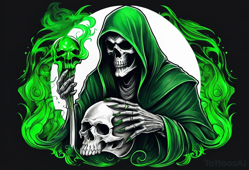 Grim Reaper holding a skull with green ethereal smoke white background tattoo idea