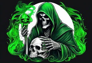Grim Reaper holding a skull with green ethereal smoke white background tattoo idea