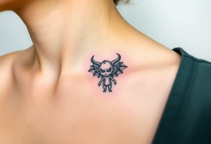 Misfit tiny goblin with wings and twisted horns tattoo idea