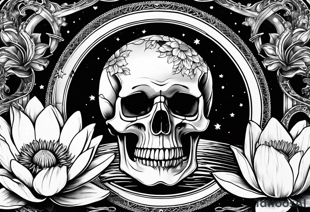 skull, roller coaster track, water lily, daffodil, space and stars, roller coaster track tattoo idea