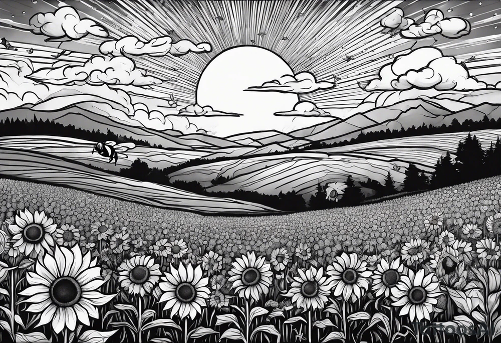 dream like sunflower meadow with distant hills and sunset. two large fuzzy bumble bees occupy the sky with beautiful clouds tattoo idea