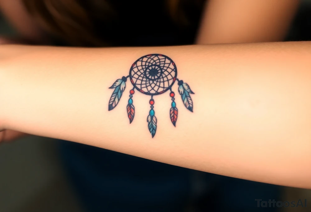 native dreamcatcher with flowing feathers and sacred beads tattoo idea