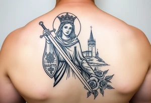 Saint Barbara carrying a sword detailed with a castle tower in the background, the sea, and roses tattoo idea