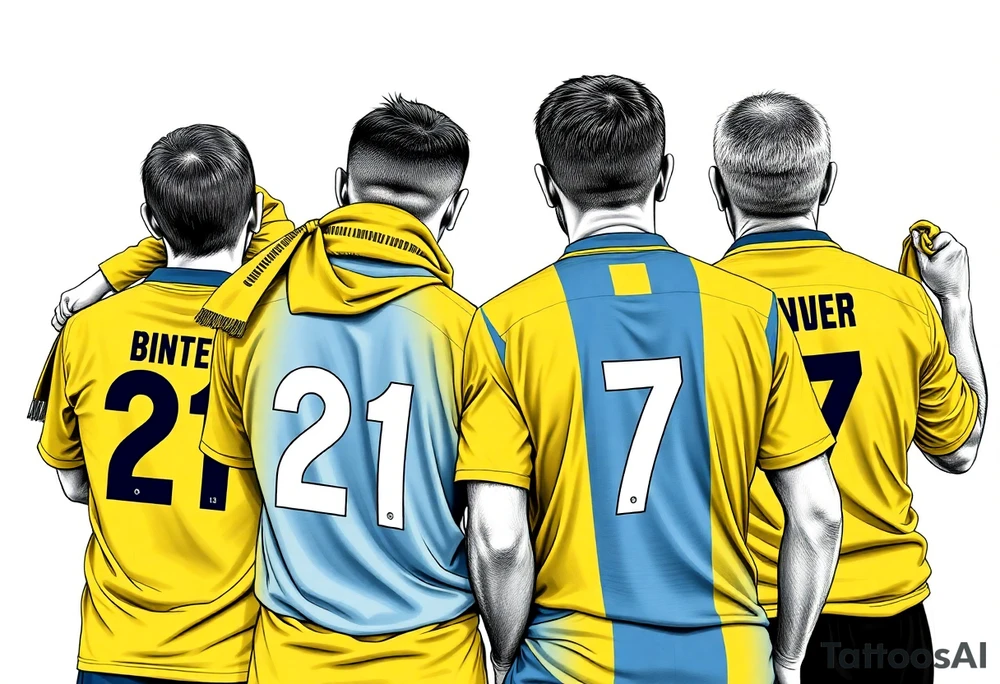 4 soccer fans from their backs, wearing yellow blue shirts. the second one from left having a kid on his shoulders and he's wearing the number 21 on his shirt. 
the kid is rising a scarf.
the right one is older, more fat and shorter and wearing an shirt with the number 7 on it and has on his shoulders line like adidas
the left on has a yellow-blue Checkered on his shirt and he's holding a yellow-blue scarf in his right hand
make some space between the men tattoo idea