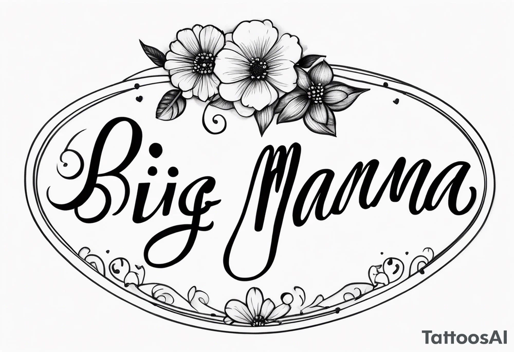 A tramp stamp tattoo of the words “Big Mama” with clean simple script font with delicate underlining and/or subtle embellishments for a more understated approach tattoo idea