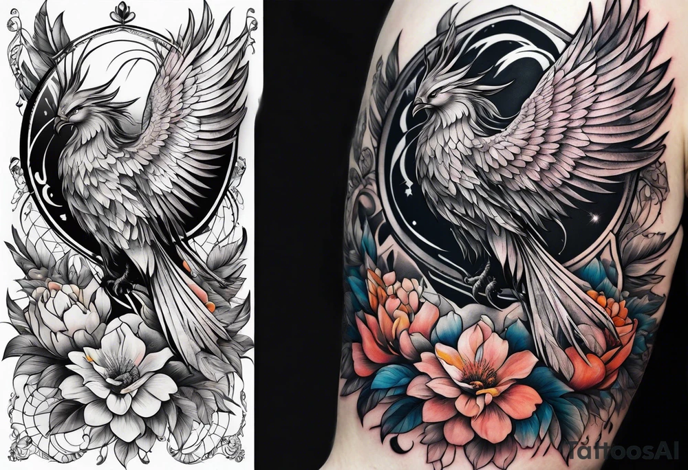 Sleeve with Libra and Phoenix with flowers tattoo idea