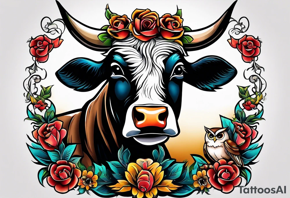 a cow and an owl at wrestle mania tattoo idea