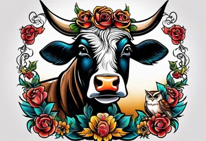 a cow and an owl at wrestle mania tattoo idea