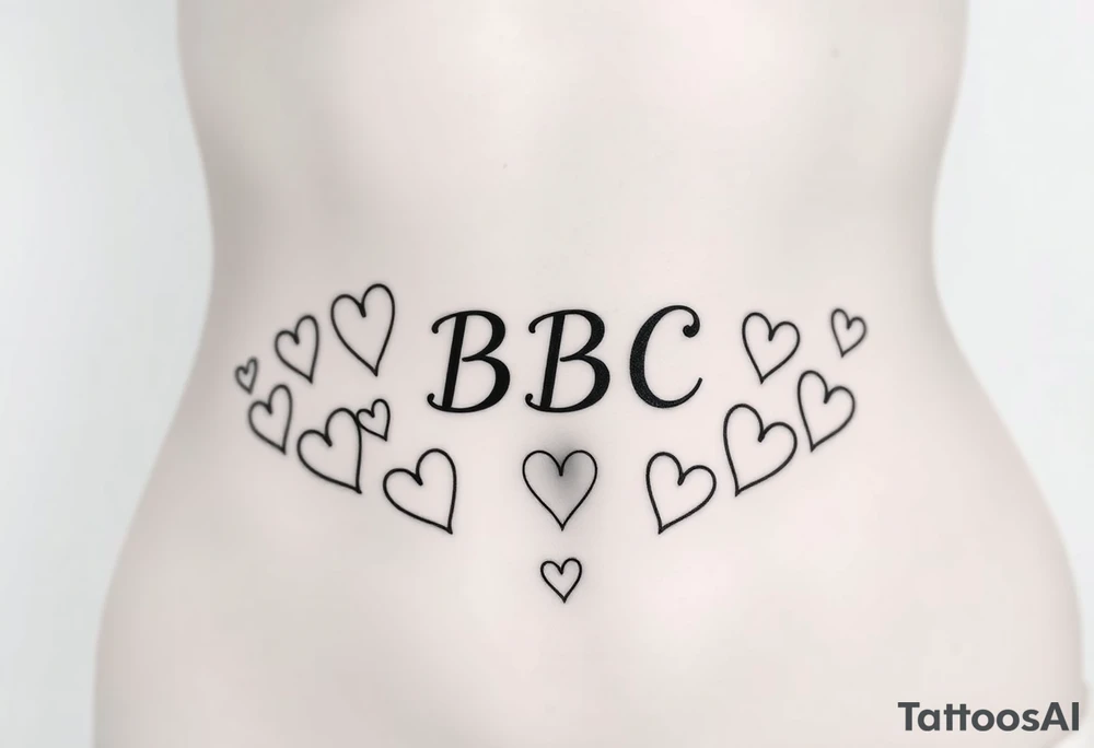 text reading "BBC" across a womb tattoo surrounded by hearts tattoo idea