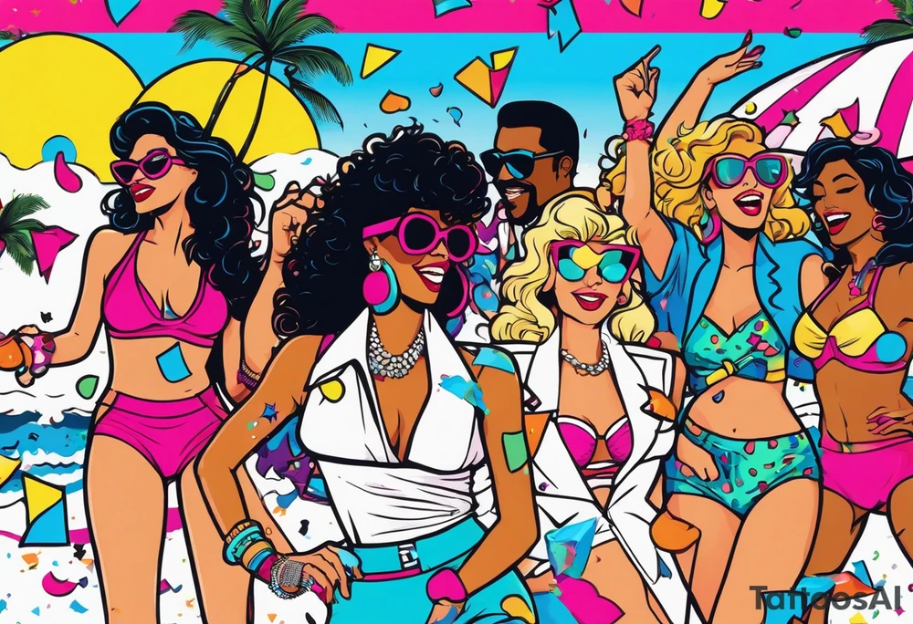 1980's miami vice style beach dance 
party, include confetti, music notes, boom box, bikinis tattoo idea