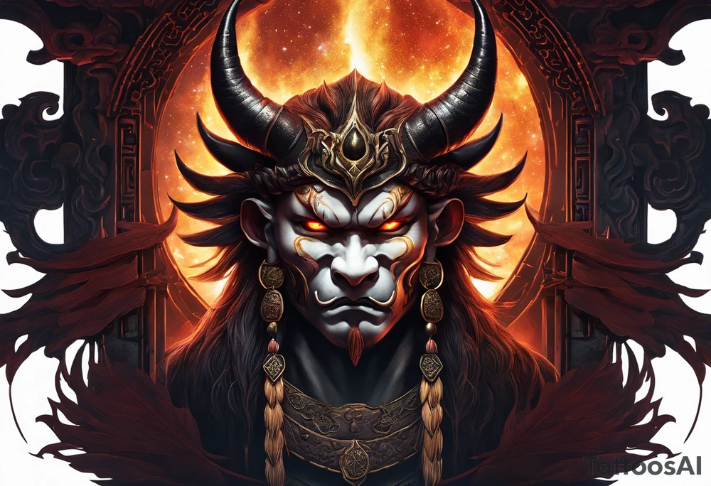A majestic demon king face with devilish features placed above torii gate is depicted in this realism image. The king's deep-set glowing galaxy-styled large eyes give off an aura of power and mystery. The king's head is acting as dreamcatcher and has braids styled like predator, with 2-3 ending with flame-styled feathers. The king's face is intricately dotted in narsimha/ rudra symbols. The head has a crown shaped blue and orangish flames with intricate and prominent koru maori symbols in the shape of trishul/ trident. The image is filled with vibrant colors, with lot of deep blue, deep purple, and violet, with streaks of bright orange and yellow. This face bust (only face) is atop of a torii gate which is in a brush stroke style, somewhat visible. The king looks regal and powerful. tattoo idea