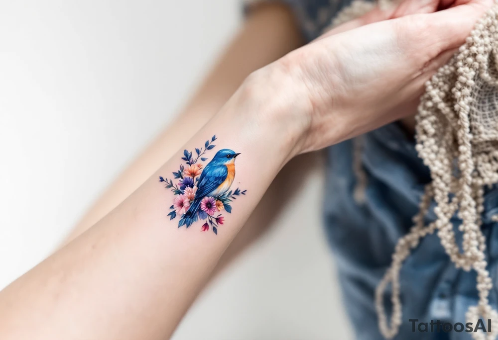 Puffy bluebird surrounded by wild flowers tattoo idea