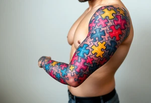 full left arm sleeve dedicated to my son with autism full color giving him the world autism awareness extra detail and lots of puzzle pieces tattoo idea
