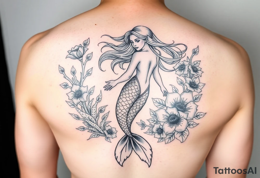 ethereal mermaid with flowing hair among coral and sea flowers tattoo idea