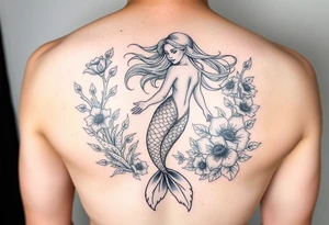 ethereal mermaid with flowing hair among coral and sea flowers tattoo idea