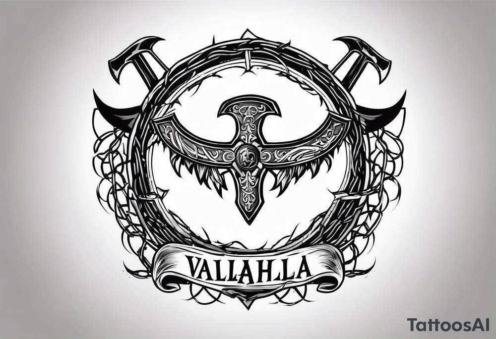 Valhalla round shield axe barbed wire chains tattoo idea