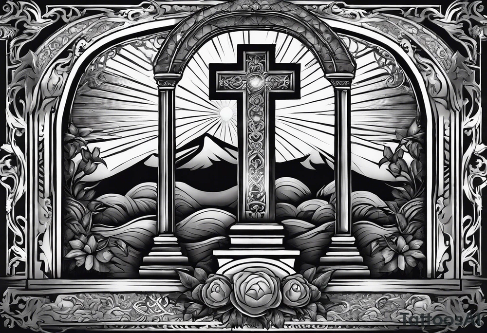 Tomb with cross and sun in the background tattoo idea
