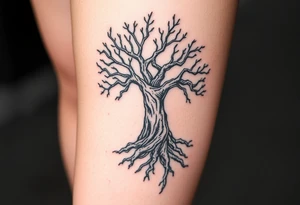 Knotty rugged tree of life on female whole leg tattoo idea