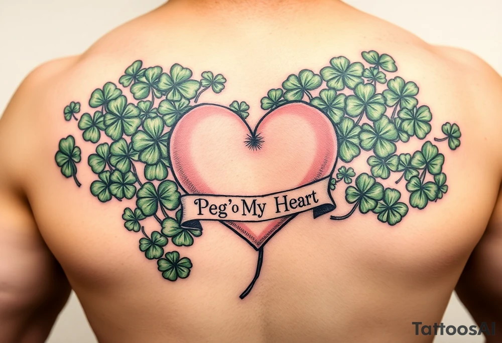 A ton of green shamrocks with a big pale pink heart with a banner across the heart that says Peg 'o My Heart tattoo idea