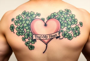 A ton of green shamrocks with a big pale pink heart with a banner across the heart that says Peg 'o My Heart tattoo idea