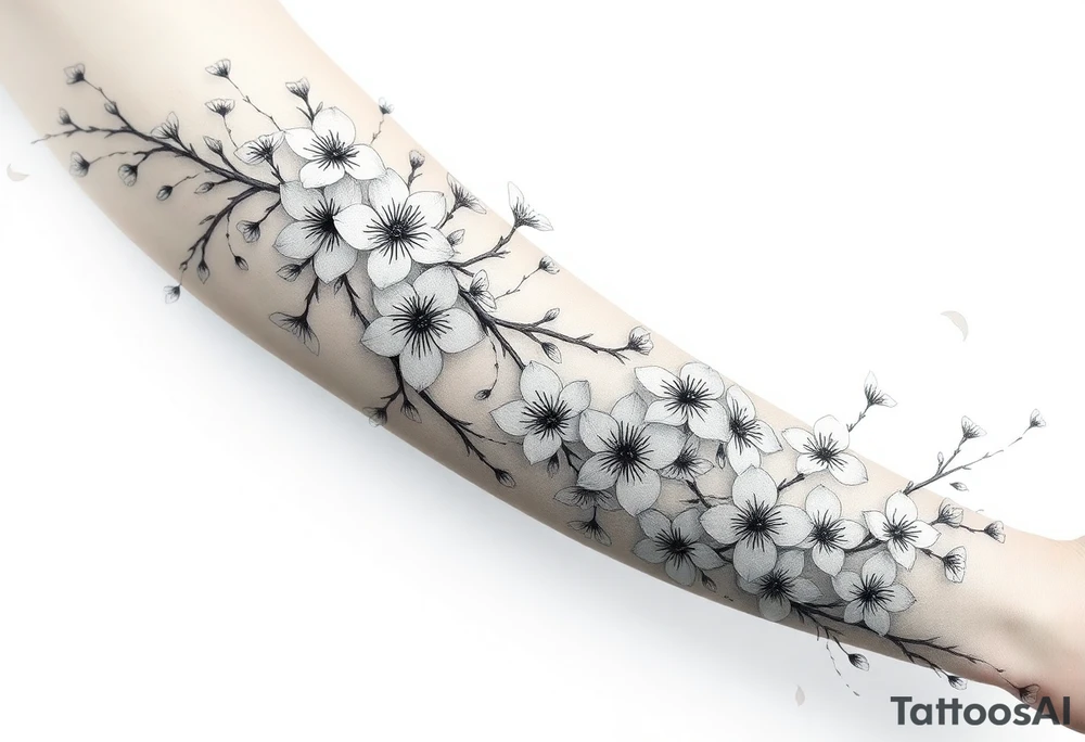 delicate cherry blossoms swirling in spring breeze with petals tattoo idea