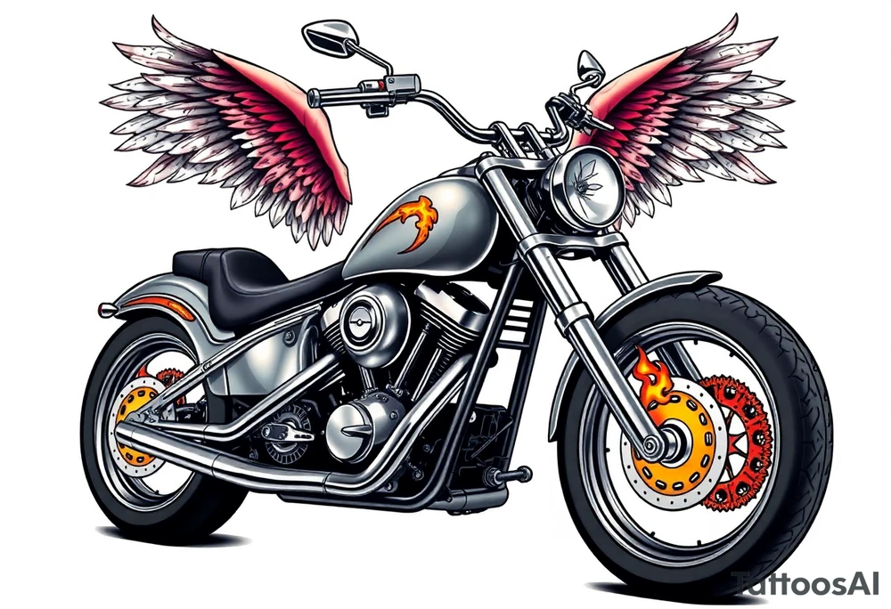 Low rider grey motorcycle, big muffler pipes with flames, angel wings tattoo idea