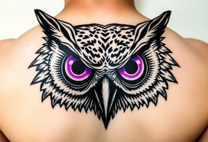 Cyber Owl head with large intense tripping purple eyes without pupils, tattoo idea