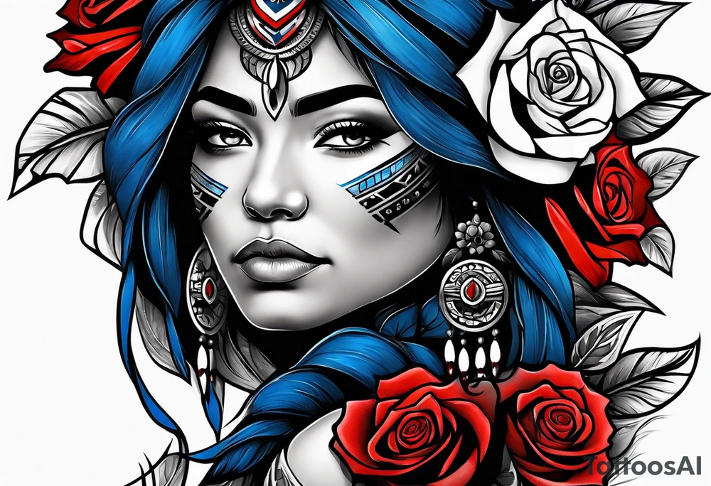 Native American woman Colored blue and red roses tattoo idea