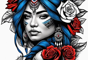 Native American woman Colored blue and red roses tattoo idea