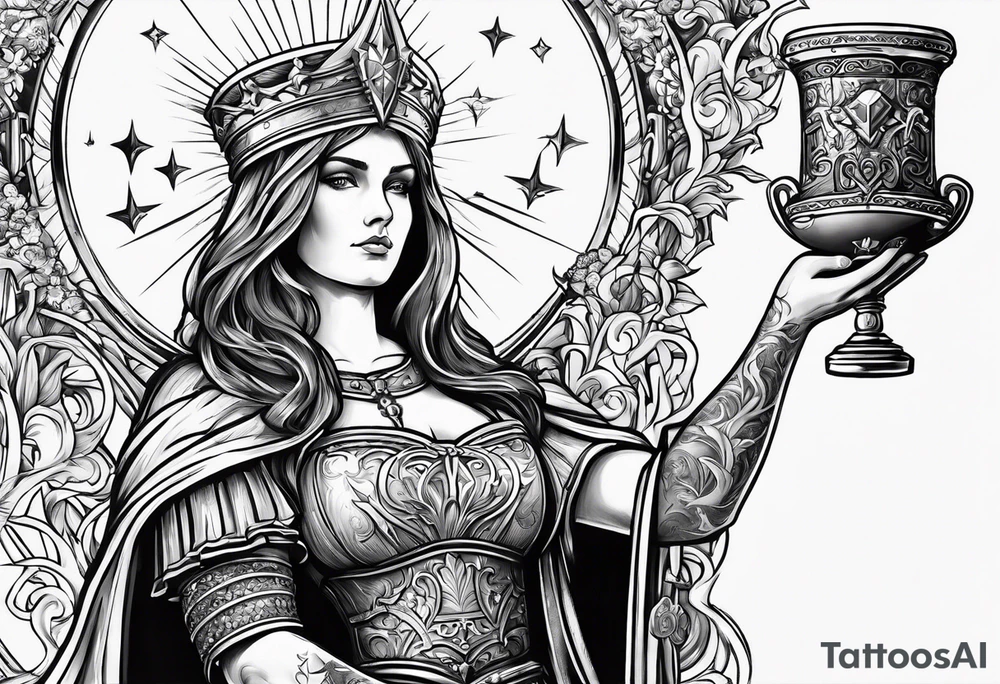 Saint Barbara holding a chalice with cannons and lightning tattoo idea