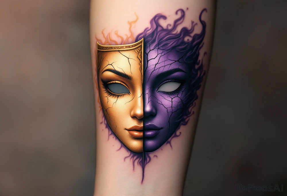 A split mask—one side is golden, smooth, and radiant, representing purity and wisdom, while the other is dark violet, cracked, and shadowed, exuding mystery and danger. The mask floats with swirling smoke around it, emphasizing the duality of good and evil. tattoo idea