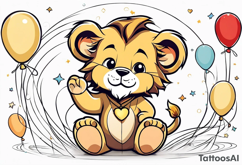 tatoo in sketch style only.
A little lion boy is holding a string to the hearth shaped small party baloon.
lion boy should be drawed from behind and has one hand reaching up in 45 degree angle and holding the baloon string
On the string is a wave which look like a hearbeat pulse.
draw it without any scenery, without any background. Just a boy 
Add heartbeat pulse on the string tattoo idea