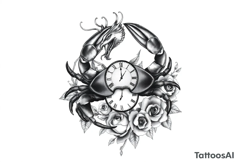 Dark cancer zodiac sign tattoo with dragon, clock and roses on background tattoo idea