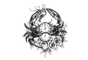 Dark cancer zodiac sign tattoo with dragon, clock and roses on background tattoo idea