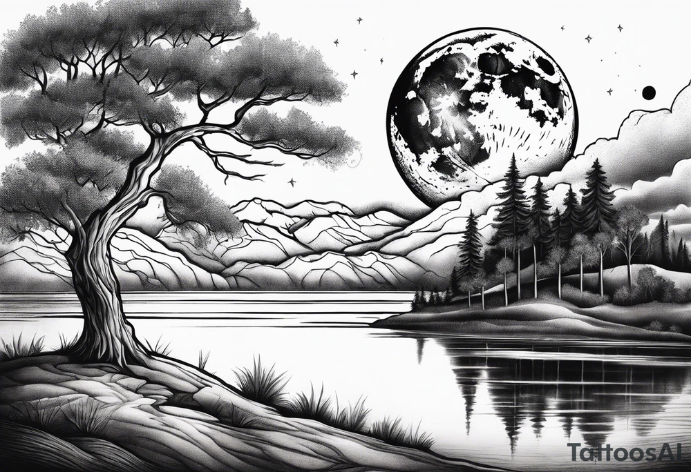 lake and tree shadow with moon and clouds tattoo idea