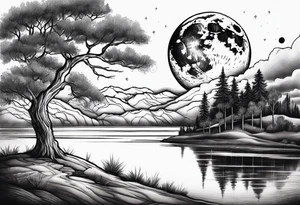 lake and tree shadow with moon and clouds tattoo idea