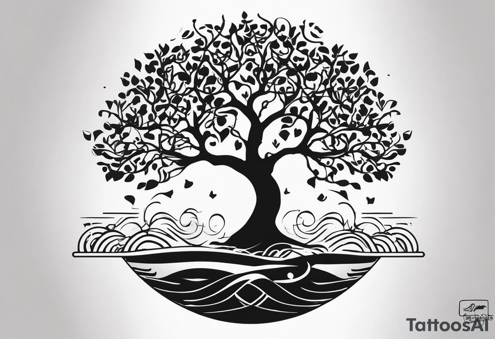 an abstract Tree of life tattoo design. Black and white. It should have roots growing out of the bottom. The roots slowly transform into water waves from the great wave by Hokusai. A golf ball should be placed discreetly. Like in the place of a moon. 2 license plate tags should be hanging from the tree. Place a few music notes. The letters A U should be engraved into the tree trunk in a heart tattoo idea
