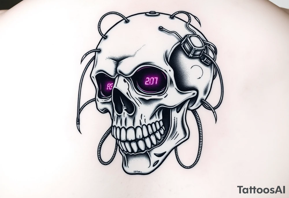 Cybernetic Skull with Wires & Tubes
A grinning skull with cybernetic plating, exposed wires, and tubes snaking out of it.
Neon lights glowing in its eye sockets, maybe displaying error codes or symbols.
Could incorporate biomechanical elements, making it look fused with tech. tattoo idea