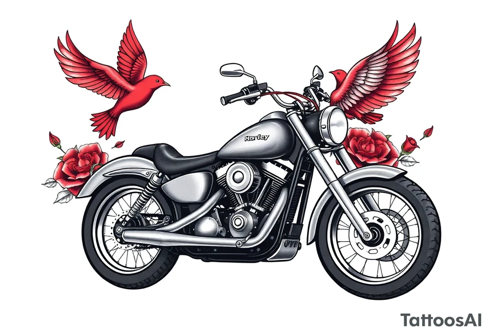 Harley grey motorcycle driving away, two red birds flying, roses, flames, angel wings tattoo idea