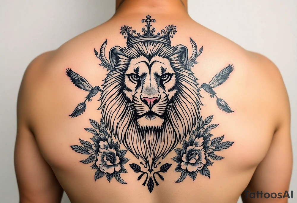 powerful majestic lion with a crown, surrounded by floral ornaments and birds tattoo idea