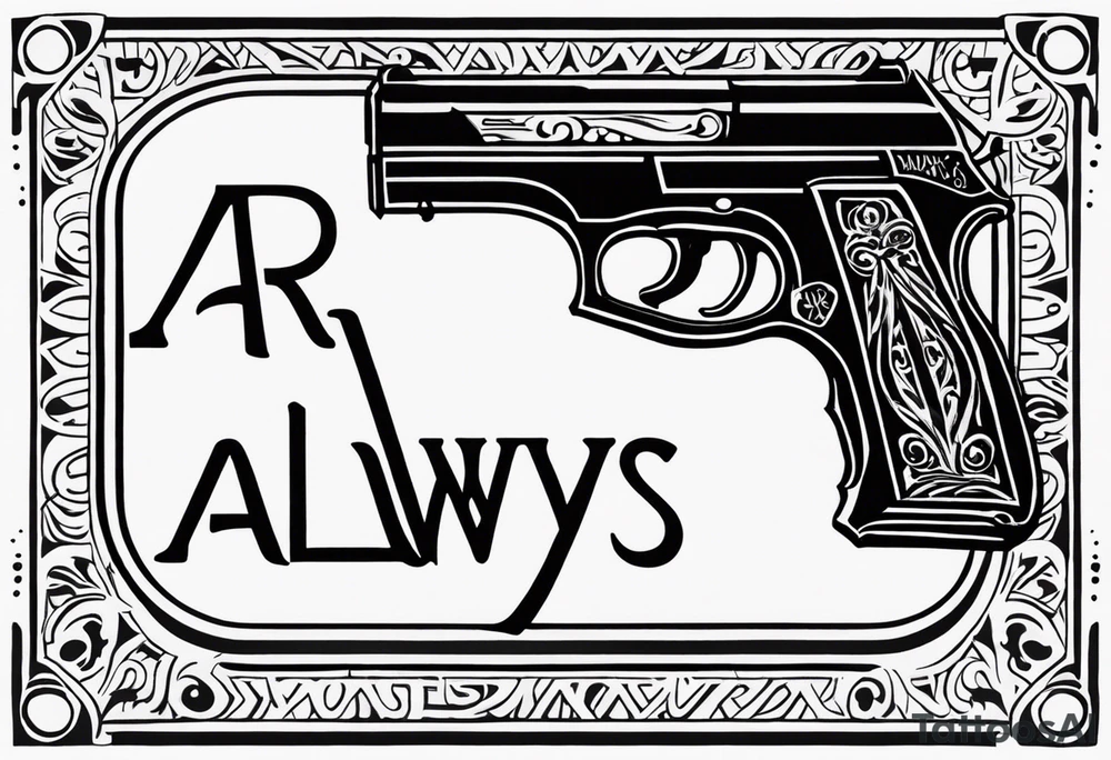 The letters AR with a pistol on each side and the word always on the top and ready on the bottom tattoo idea