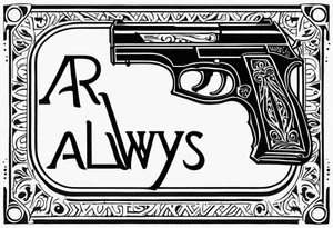 The letters AR with a pistol on each side and the word always on the top and ready on the bottom tattoo idea