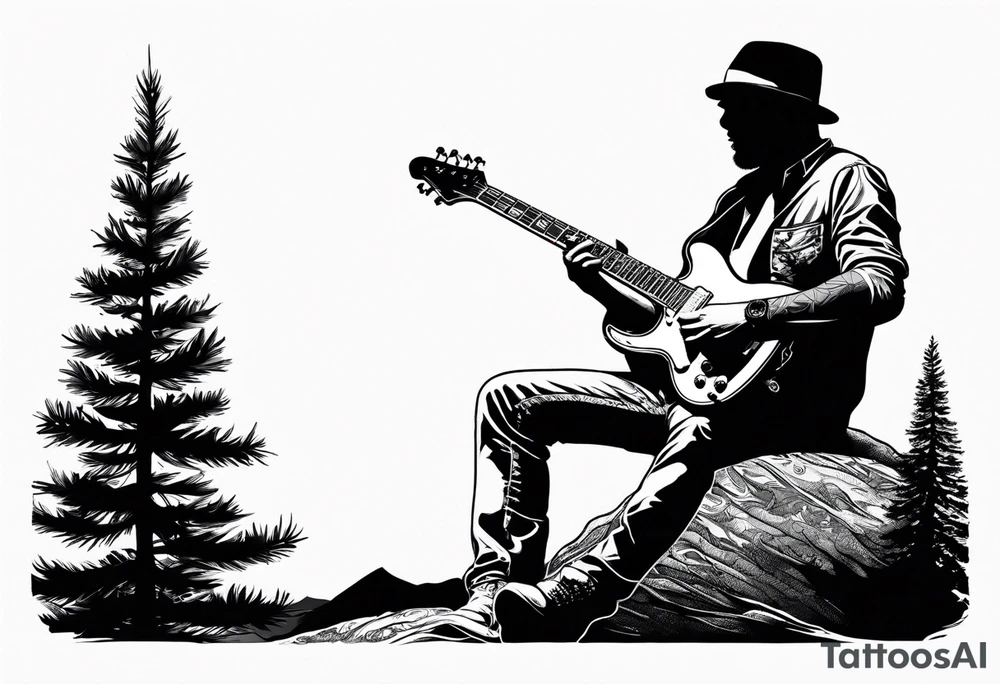 silhouette of a man playing electric guitar while sitting in a pine tree. tattoo idea