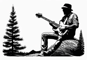 silhouette of a man playing electric guitar while sitting in a pine tree. tattoo idea
